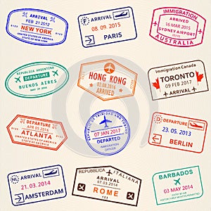 Visa stamp set. Arrival and Departure stamps from passport. International travel symbols. Vector illustration